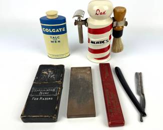 #78 • Vintage Barber Shaving Accessories - Blade Holder, Talc, Sharpening Stone & Straight Blade
WWW.LUX.BID