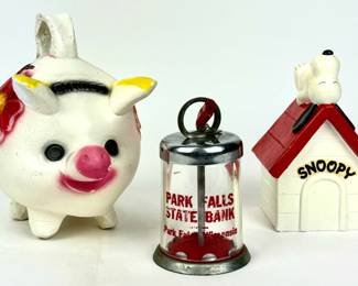 #246 • Chalkware Pig, Promotional Glass and Metal, and Plastic Snoopy Bank
WWW.LUX.BID