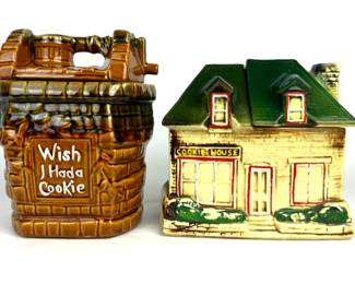 #163 • Two McCoy Cookie Jars - 1950's Cookie House & Brown Wishing Well
WWW.LUX.BID