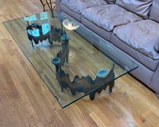 Custom Made Glass Top Coffee Table with brass & copper art base believed to be made by Curtis Jere.