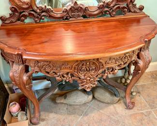 Antique Victorian Ornate Carved Wood Console Table and Mirror