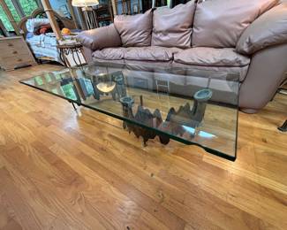Custom Made Glass Top Coffee Table with brass & copper art base believed to be made by Curtis Jere.