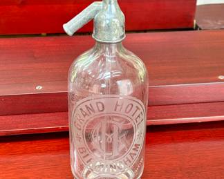 Antique Grand Hotel Birmingham Seltzer Soda Bottle with original glass straw and marked top