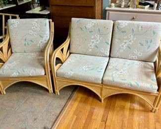 Vintage 4-Piece Bamboo Rattan Furniture Set - Loveseat, Chair, Coffee Table & End-Table