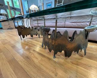 Custom Made Glass Top Coffee Table with brass & copper art base believed to be made by Curtis Jere.