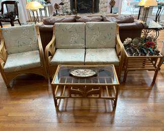 Vintage 4-Piece Bamboo Rattan Furniture Set - Loveseat, Chair, Coffee Table & End-Table