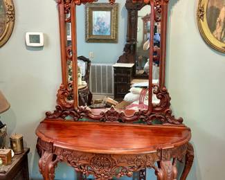 Antique Victorian Ornate Carved Wood Console Table and Mirror