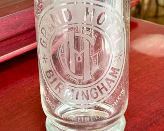 Antique Grand Hotel Birmingham Seltzer Soda Bottle with original glass straw and marked top