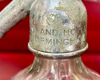 Antique Grand Hotel Birmingham Seltzer Soda Bottle with original glass straw and marked top