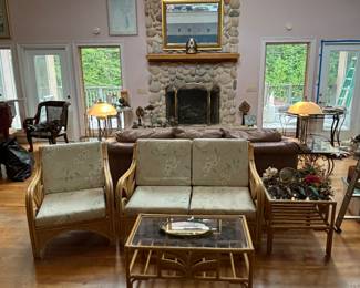 Vintage 4-Piece Bamboo Rattan Furniture Set - Loveseat, Chair, Coffee Table & End-Table