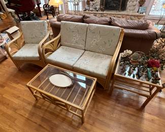 Vintage 4-Piece Bamboo Rattan Furniture Set - Loveseat, Chair, Coffee Table & End-Table
