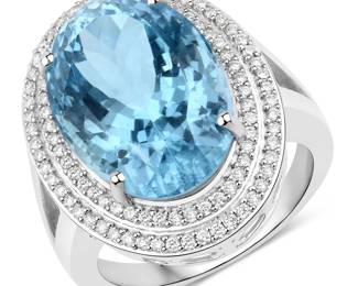 Aquamarine and Tiered Diamond Halo Ring