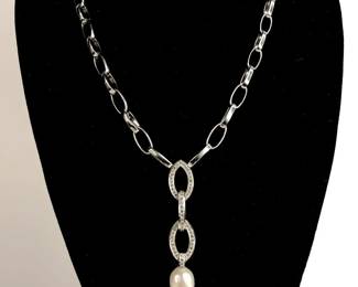 	Oval Rolo Link Lavalier Pearl and Diamond Necklace