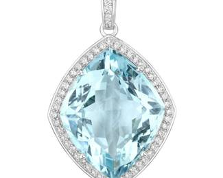 Aquamarine and Diamond Halo Pendant Necklace