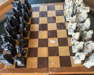 Vintage Korean carved chess set with storage