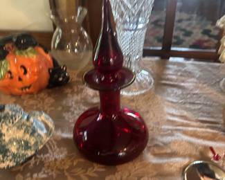 Excellent red blown glass decanter
