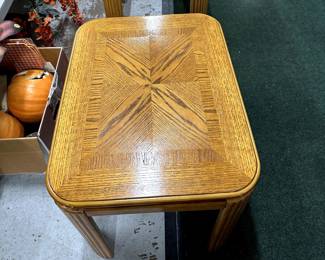 Oak with brass trim coffee table and two end tables that match