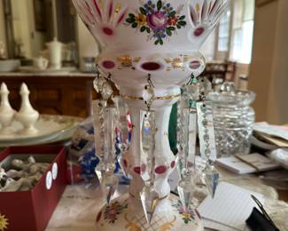 Vintage cased glass with large hanging crystals, pair.