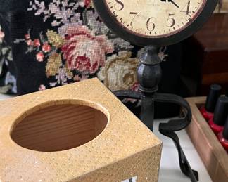 Needlepoint Pillows, Clock, Tissue Holder