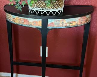 Demilune Table, Silk Plant in Wire Basket