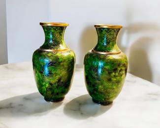 Pair of vintage Emerald Green Cloisonne Floral Vases