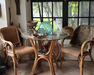 Ratan and glass top table and chairs (2 chairs)