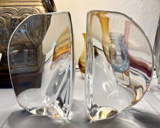 Pair of Daum Art Glass Modernist Bookends organic sculptural forms signed