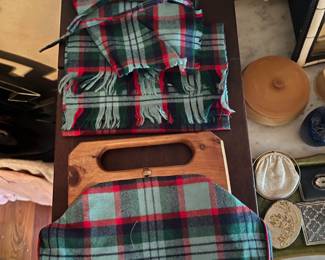 Vintage Trimingham's BERMUDA Purse with Wood Handle Plaid Tartan w/ 47” Scarf, and head scarf. never used.