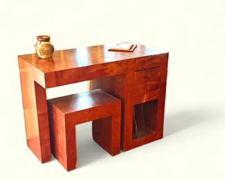 Vintage Burl Wood Key Hole desk and Bench. Has a blemish on front.