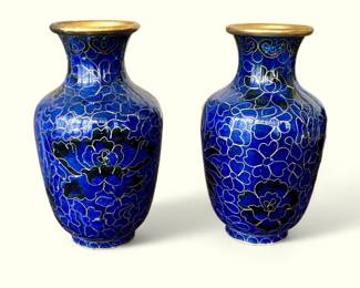 Pair of Vintage Chinese Cloisonné Enamel blue floral gold gilt Vases