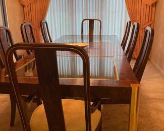 Vintage Century Furniture Co. burl wood, brass and glass dining room, table with 8 chairs. Near new condition