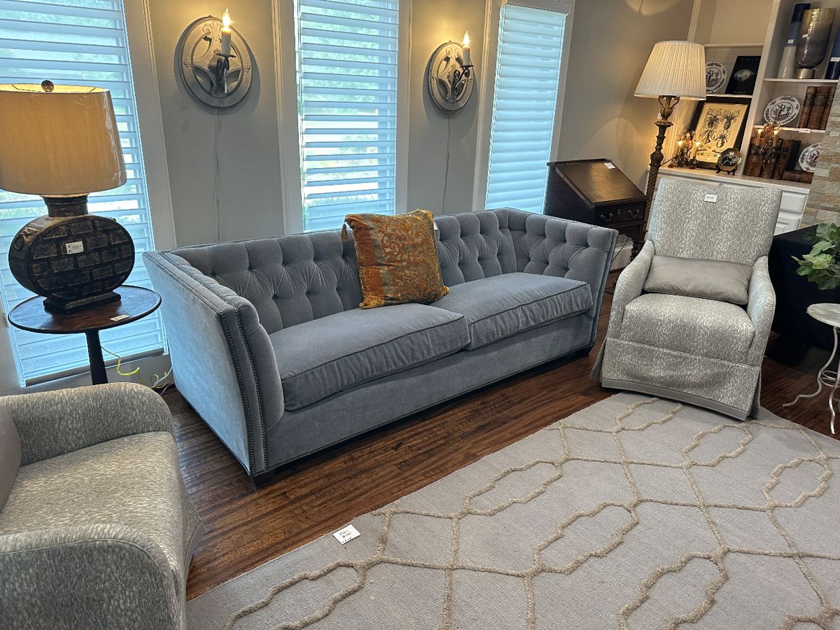 Beautiful Couch in excellent condition. Side chairs are like new. Light sconces, blinds, built-in shelving all for sale. 