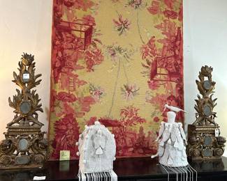 Stunning needlepoint artwork very large and very colorful. Incredible brass ornamental accents that would make great lamps! 