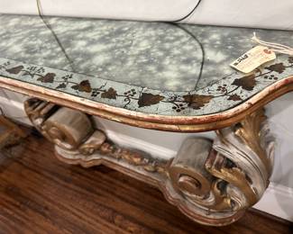 Antique mirrors top side table with wooden gold-leaf base. 