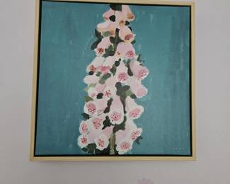 Pink flowers with blue background framed artwork