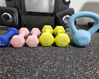 3 & 5 pound dumbbells 8 pound kettle bell 