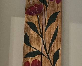 Wooden artwork with painted flowers, two available 