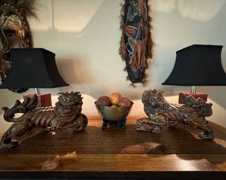 carved wood foo dogs.