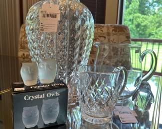 Frosted Crystal Owls, Tiffany & Co. Swirl Glass Vase, Waterford Boyne Pattern 16oz Pitcher
