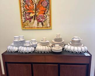 Mid Century Dillingham dining console, Coalport Bone China, Lenox Cretan 61 Piece set, Coniston Royal Doulton China Set, Vintage Framed Batik Butterfly Art
