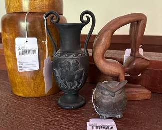 Sleeping Owl Metal Casting, Carved Wood Acrobat, Thai Wood Jar with Lid, Napco Acropolis Hand Painted Vase

