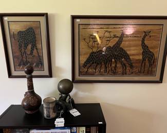 Elephant themed mug, elephant sculpture, Giraffe framed art