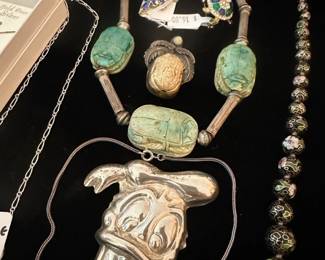 Vintage Sterling Scarab Choker, Swarovski Crystal Trinket Box Egg, Vintage Mexican Sterling Donald Duck Brooch