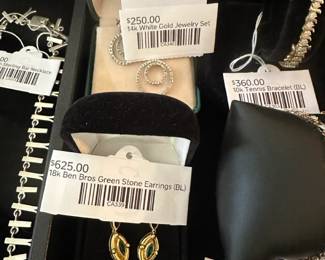 14k White Gold Jewelry Set, 18k Ben Bros Green Stone Earrings (BL)