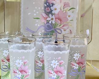 Vintage frosted juice glasses, serving dish