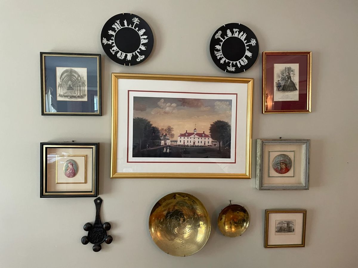 Montage of artwork, wedgwood and brass.