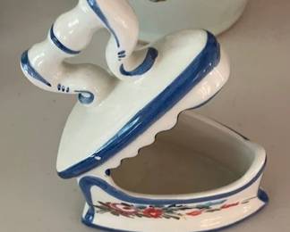 Ceramic hinged lid iron shaped candy dish/trinket box, made in Italy.