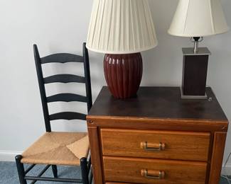 Lea Furniture chest of drawers, ladderback chair and assorted lamps.