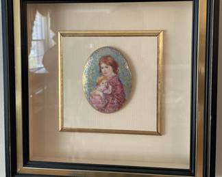 Edna Hibel "Mother and Child" art medallion framed.