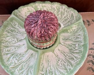 Cabbage divided plate with covered dip bowl.